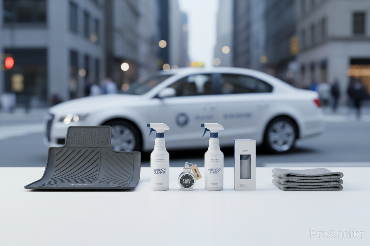 Productos de limpieza profesional con taxi difuminado de fondo