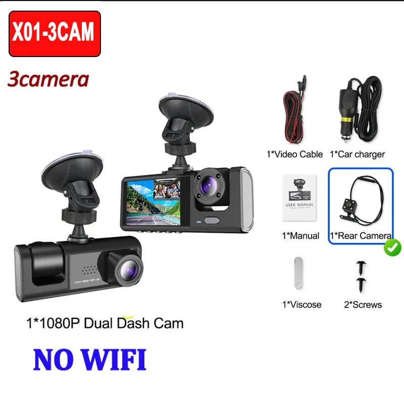 Dashcam 1080P WiFi con 2/3 Cámaras – Grabación Delantera y Trasera, Visión Nocturna Starlight y Monitor de Aparcamiento 24H