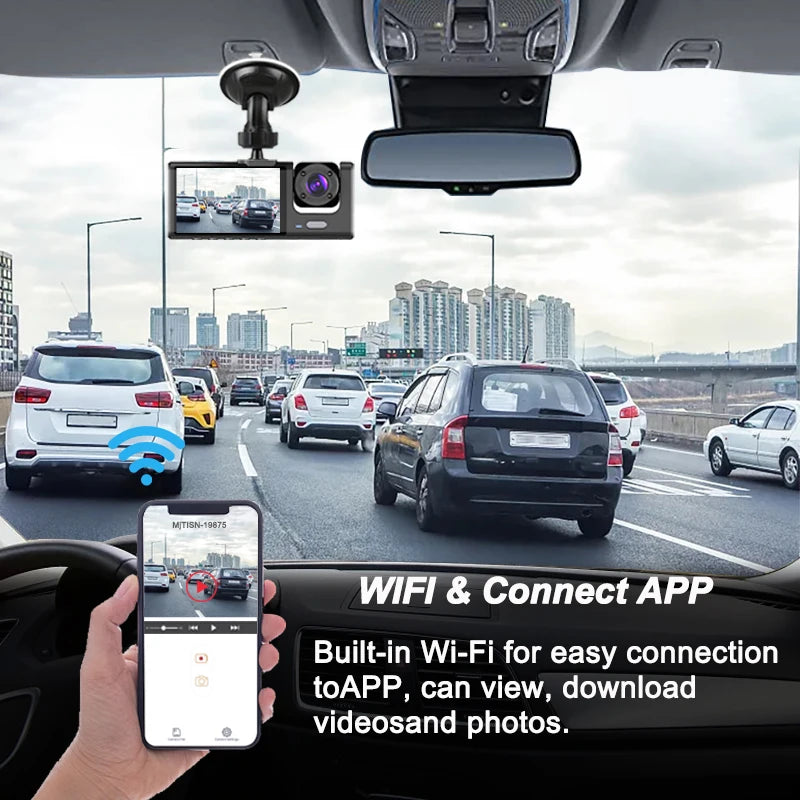 Dashcam 3 Cámaras para Coche – Grabación Delantera y Trasera 1080P, WiFi, Visión Nocturna y Cámara de Marcha Atrás