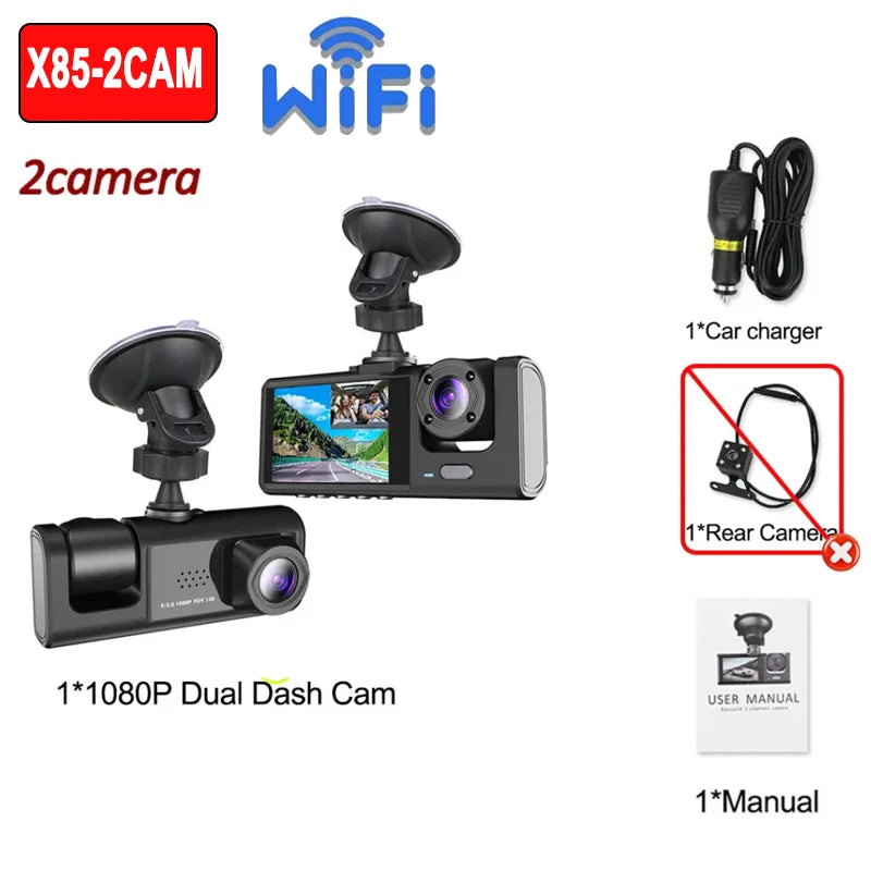 Dashcam 1080P WiFi con 2/3 Cámaras – Grabación Delantera y Trasera, Visión Nocturna Starlight y Monitor de Aparcamiento 24H