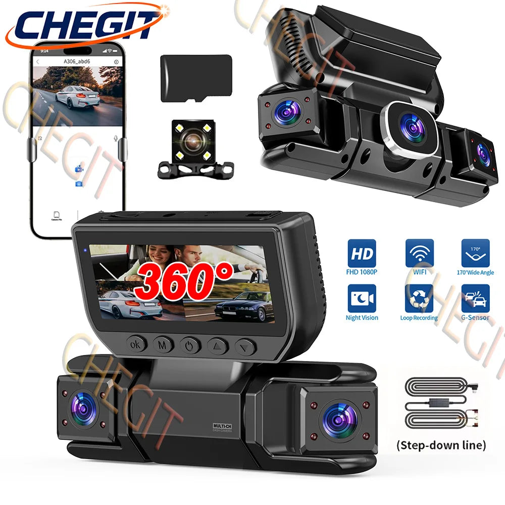 Dashcam 360° para Coche – 4 Cámaras 1080P WiFi, Monitor de Aparcamiento 24H, Sensor Sony y Visión Nocturna