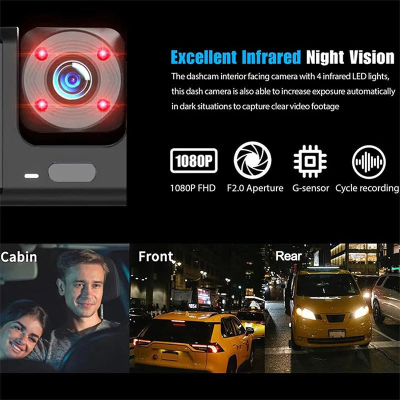 Dashcam 3 Cámaras para Coche – Grabación Delantera y Trasera 1080P, WiFi, Visión Nocturna y Cámara de Marcha Atrás