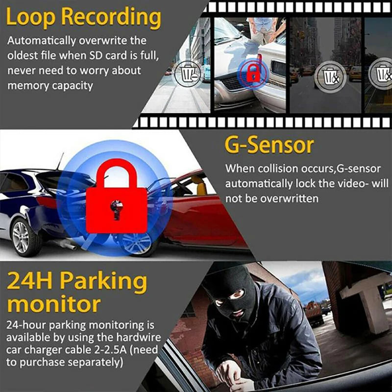 Dashcam 3 Cámaras para Coche – Grabación Delantera y Trasera 1080P, WiFi, Visión Nocturna y Cámara de Marcha Atrás