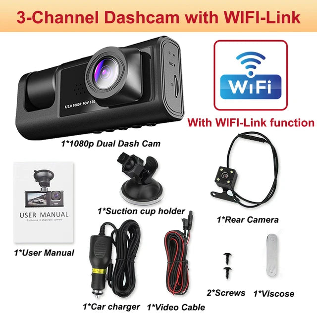 Dashcam 3 Cámaras para Coche – Grabación Delantera y Trasera 1080P, WiFi, Visión Nocturna y Cámara de Marcha Atrás