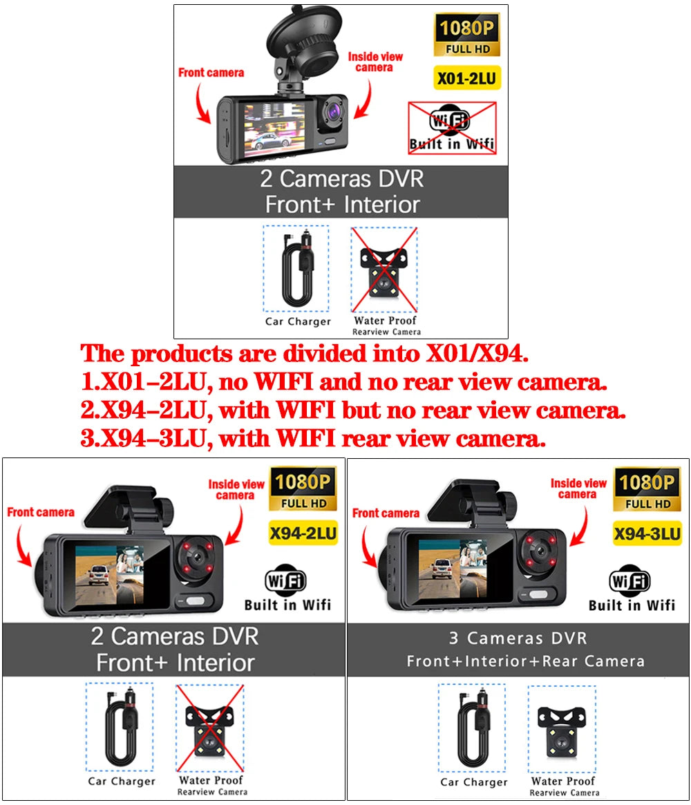 Dashcam HD 2/3 Cámaras WiFi para Coche – Grabación Delantera y Trasera 1080P, Sensor Sony, Visión Nocturna y Aparcamiento 24H