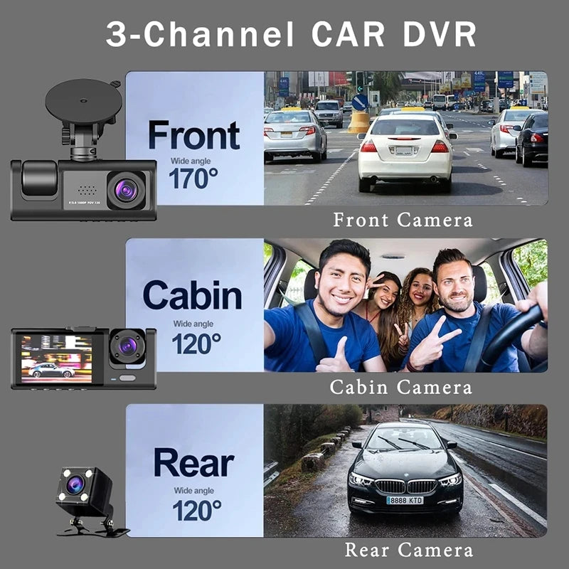 Dashcam 3 Cámaras para Coche – Grabación Delantera y Trasera 1080P, WiFi, Visión Nocturna y Cámara de Marcha Atrás