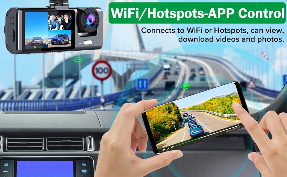 Dashcam 3 Cámaras para Coche – Grabación Delantera y Trasera 1080P, WiFi, Visión Nocturna y Cámara de Marcha Atrás