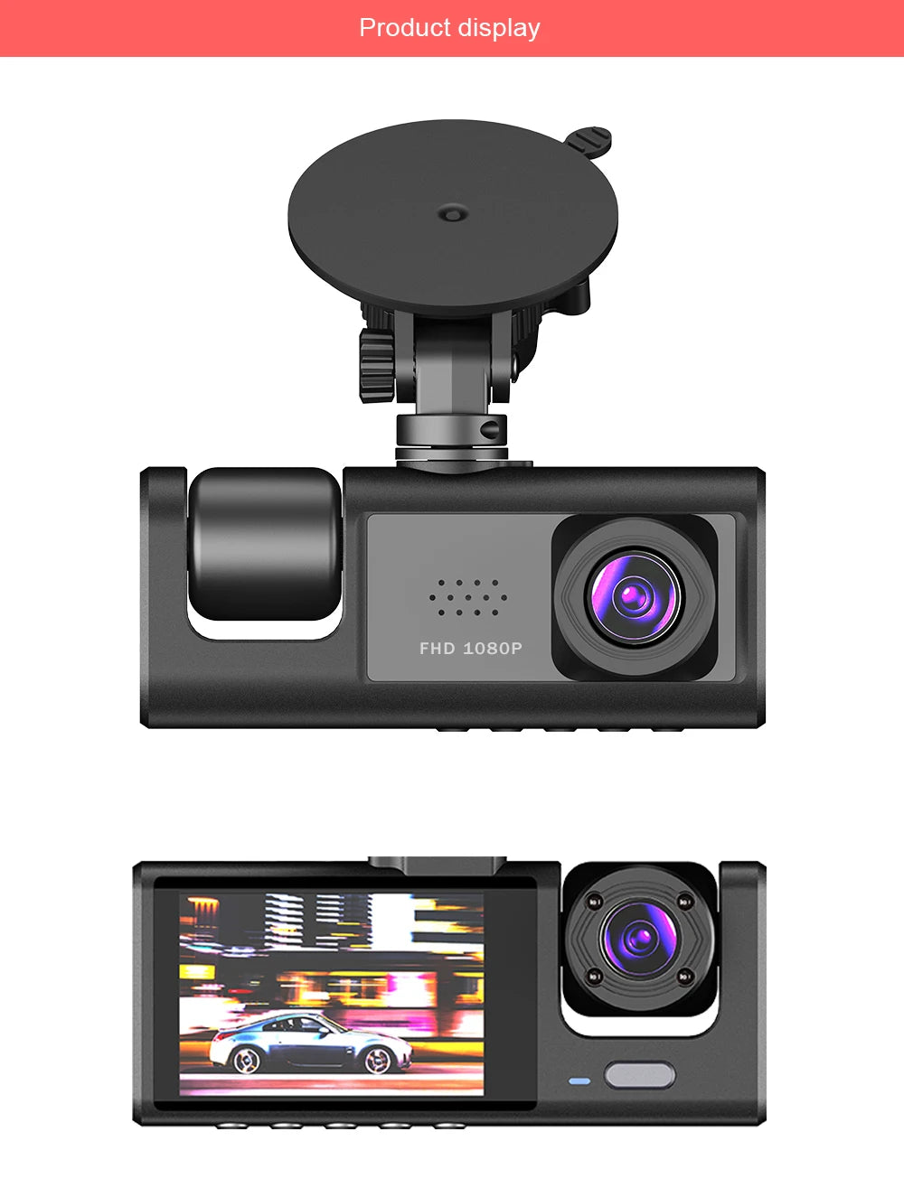 Dashcam 3 Cámaras para Coche – Grabación Delantera y Trasera 1080P, WiFi, Visión Nocturna y Cámara de Marcha Atrás