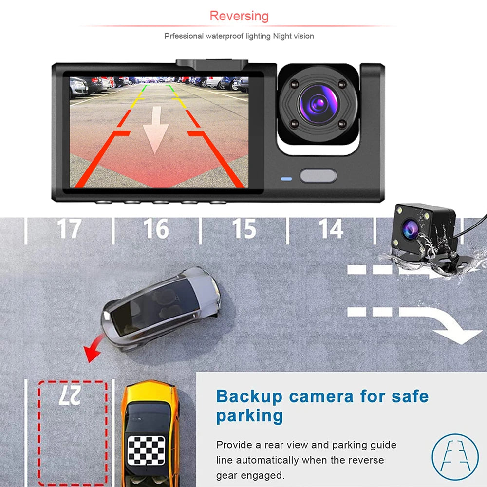 Dashcam 3 Cámaras para Coche – Grabación Delantera y Trasera 1080P, WiFi, Visión Nocturna y Cámara de Marcha Atrás