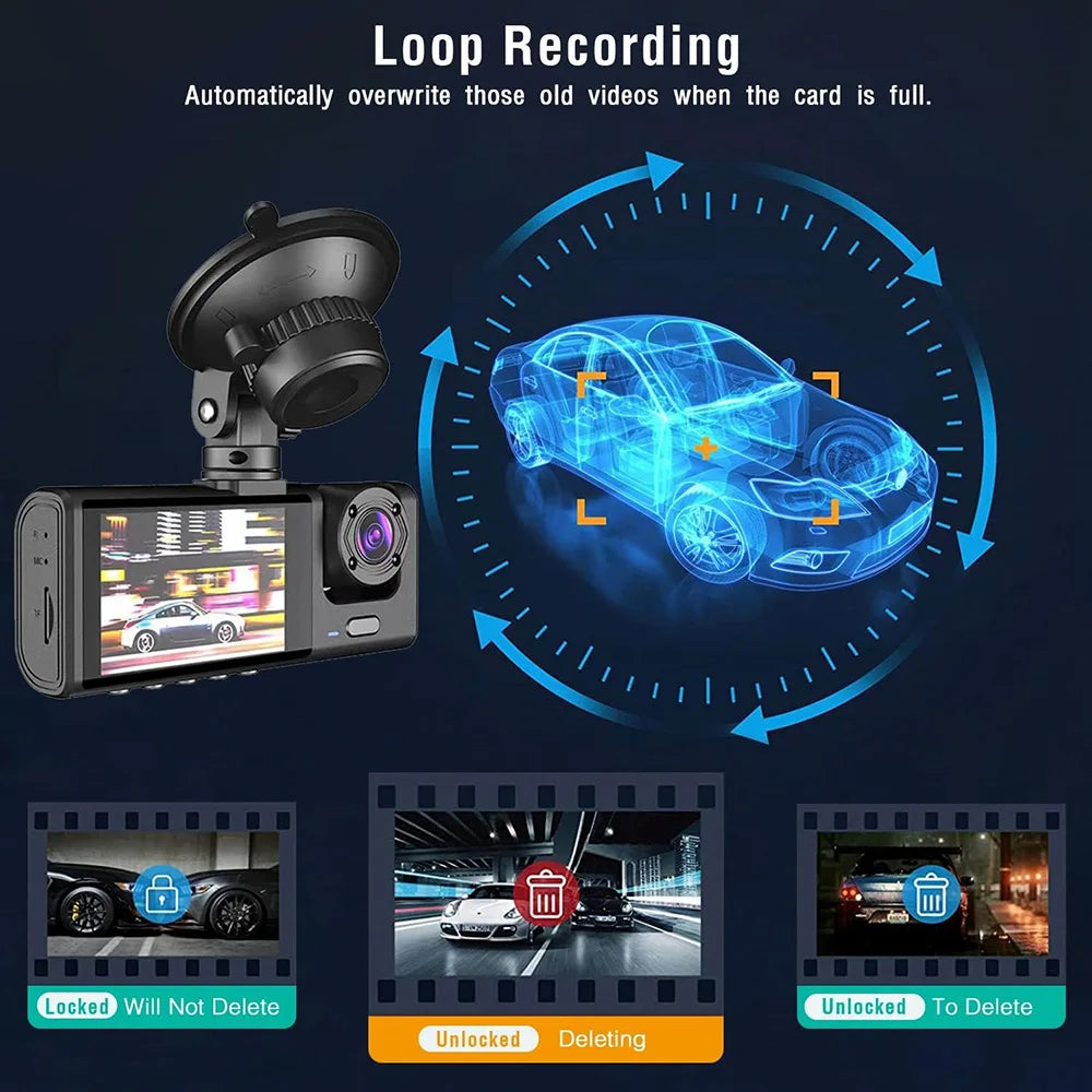 Dashcam 3 Cámaras para Coche – Grabación Delantera y Trasera 1080P, WiFi, Visión Nocturna y Cámara de Marcha Atrás