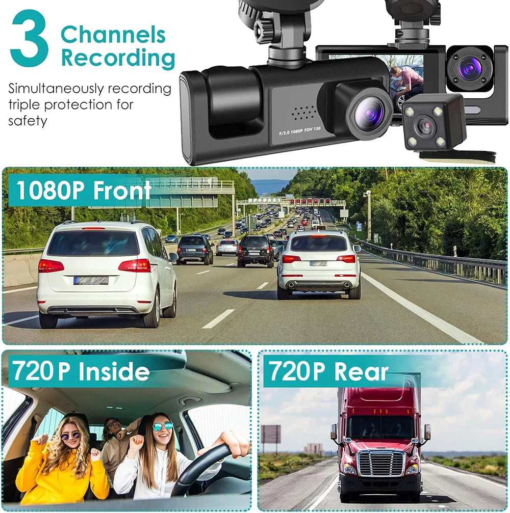 Dashcam 3 Cámaras para Coche – Grabación Delantera y Trasera 1080P, WiFi, Visión Nocturna y Cámara de Marcha Atrás