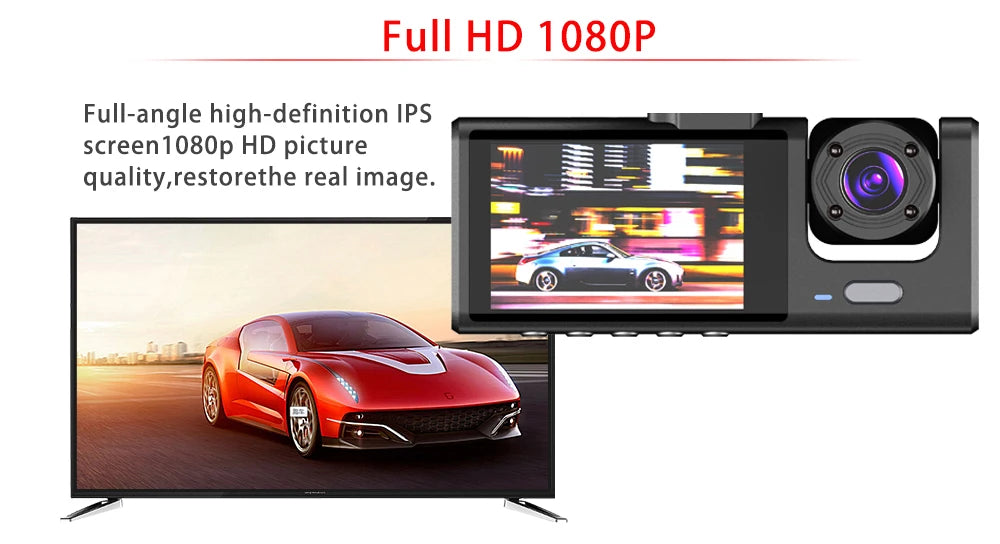 Dashcam 3 Cámaras para Coche – Grabación Delantera y Trasera 1080P, WiFi, Visión Nocturna y Cámara de Marcha Atrás