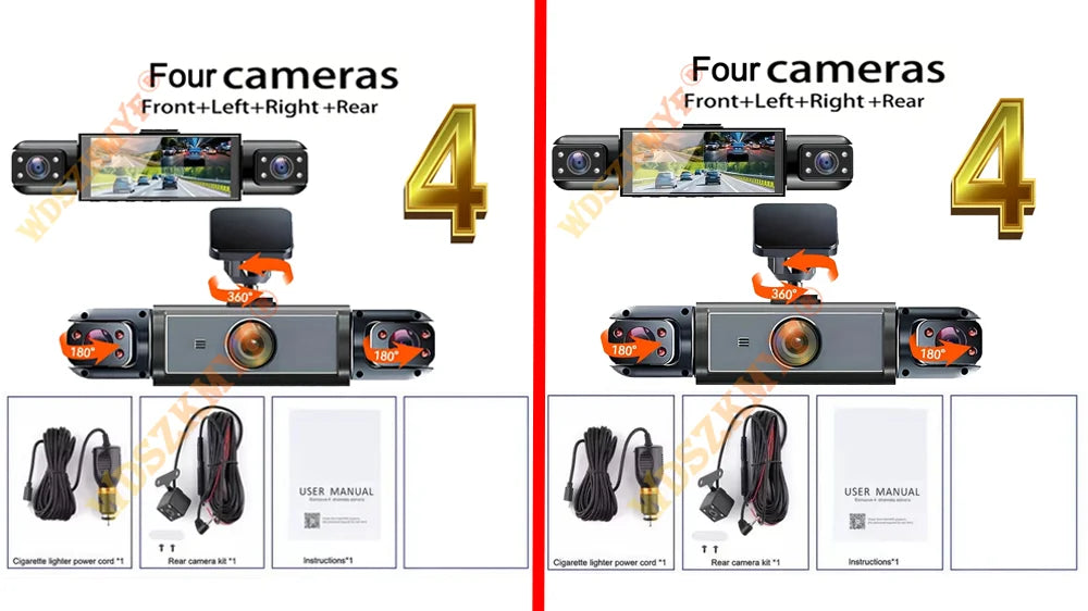 Dashcam 360° DVR para Coche – 3/4 Cámaras 1080P, Visión Nocturna Starlight, Cámara Trasera y Monitor de Aparcamiento 24H