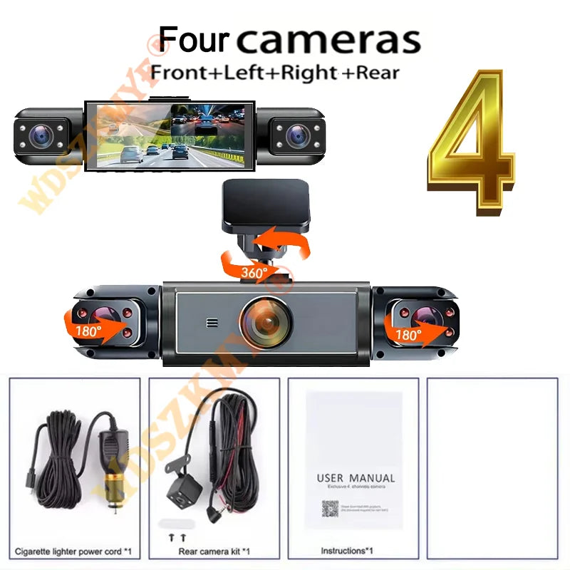 Dashcam 360° DVR para Coche – 3/4 Cámaras 1080P, Visión Nocturna Starlight, Cámara Trasera y Monitor de Aparcamiento 24H