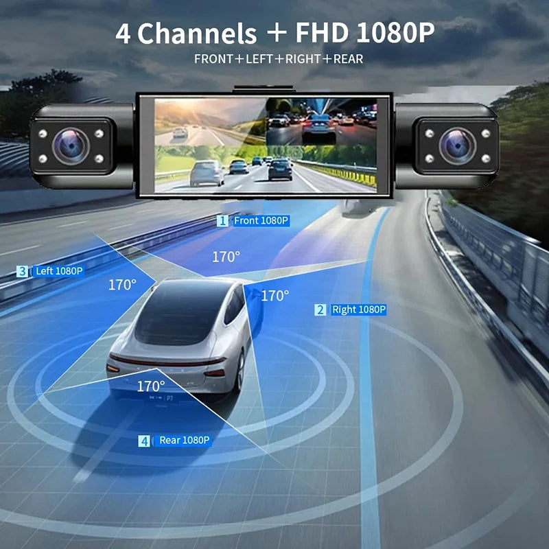 Dashcam 360° DVR para Coche – 3/4 Cámaras 1080P, Visión Nocturna Starlight, Cámara Trasera y Monitor de Aparcamiento 24H