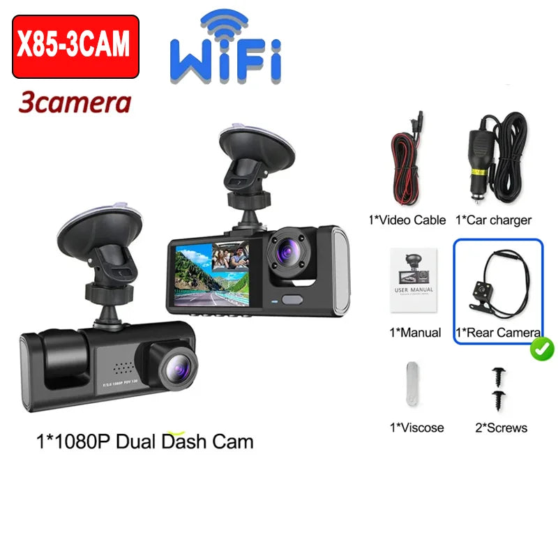 Dashcam 1080P WiFi con 2/3 Cámaras – Grabación Delantera y Trasera, Visión Nocturna Starlight y Monitor de Aparcamiento 24H