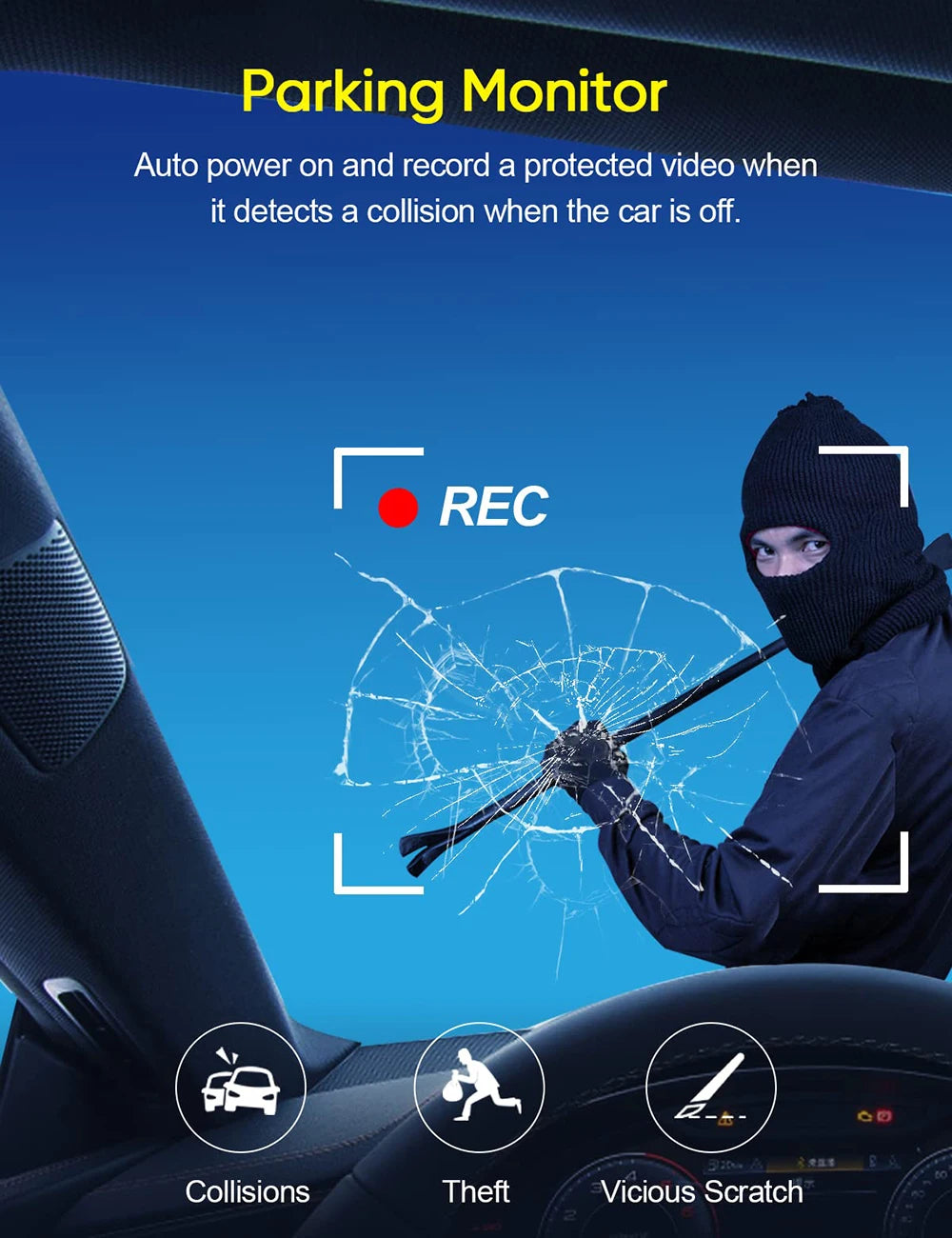 Dashcam 3 Cámaras para Coche – Grabación Delantera y Trasera 1080P, WiFi, Visión Nocturna y Cámara de Marcha Atrás