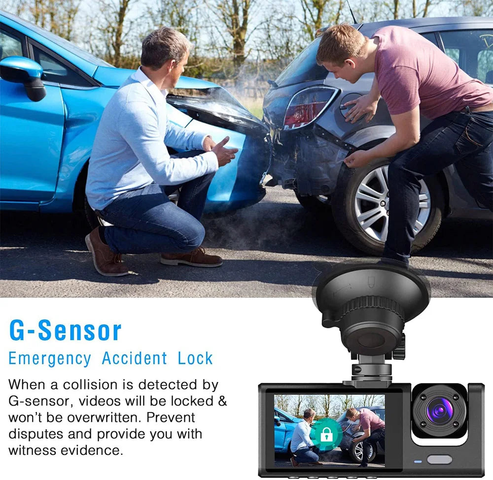 Dashcam 3 Cámaras para Coche – Grabación Delantera y Trasera 1080P, WiFi, Visión Nocturna y Cámara de Marcha Atrás