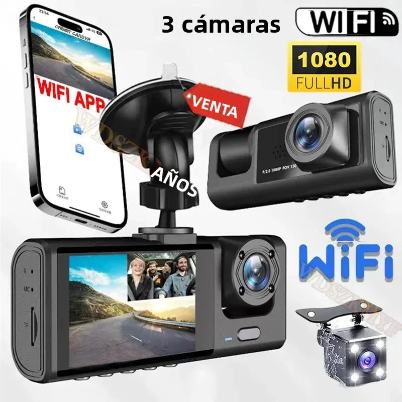 Dashcam 1080P WiFi con 2/3 Cámaras – Grabación Delantera y Trasera, Visión Nocturna Starlight y Monitor de Aparcamiento 24H
