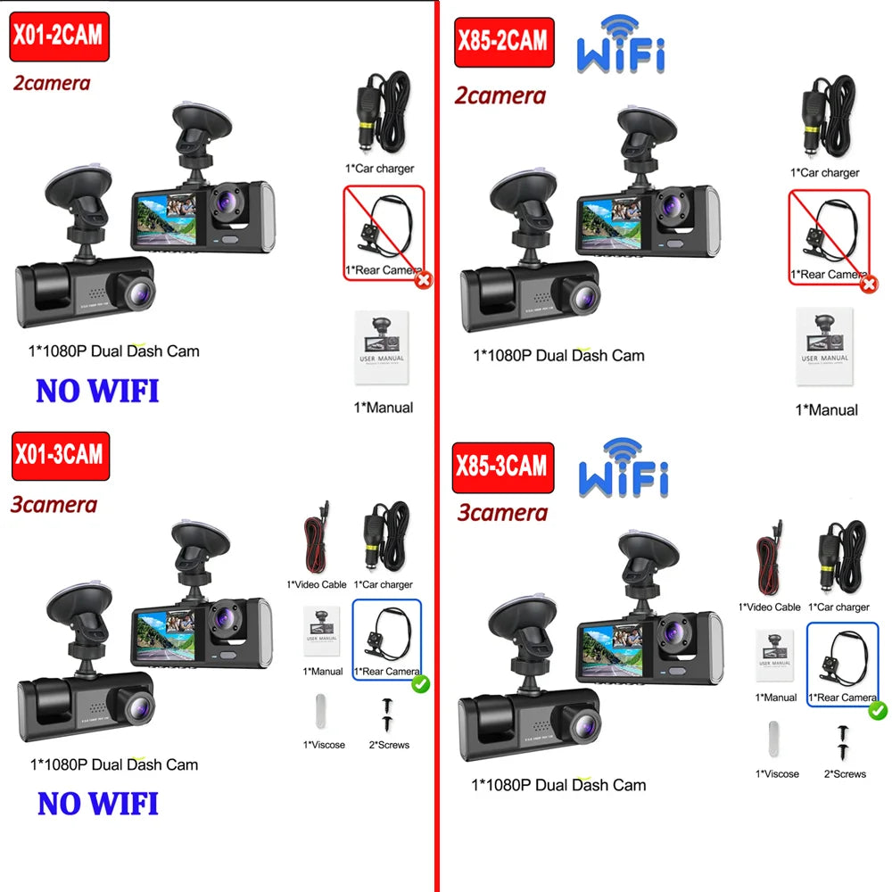 Dashcam 1080P WiFi con 2/3 Cámaras – Grabación Delantera y Trasera, Visión Nocturna Starlight y Monitor de Aparcamiento 24H