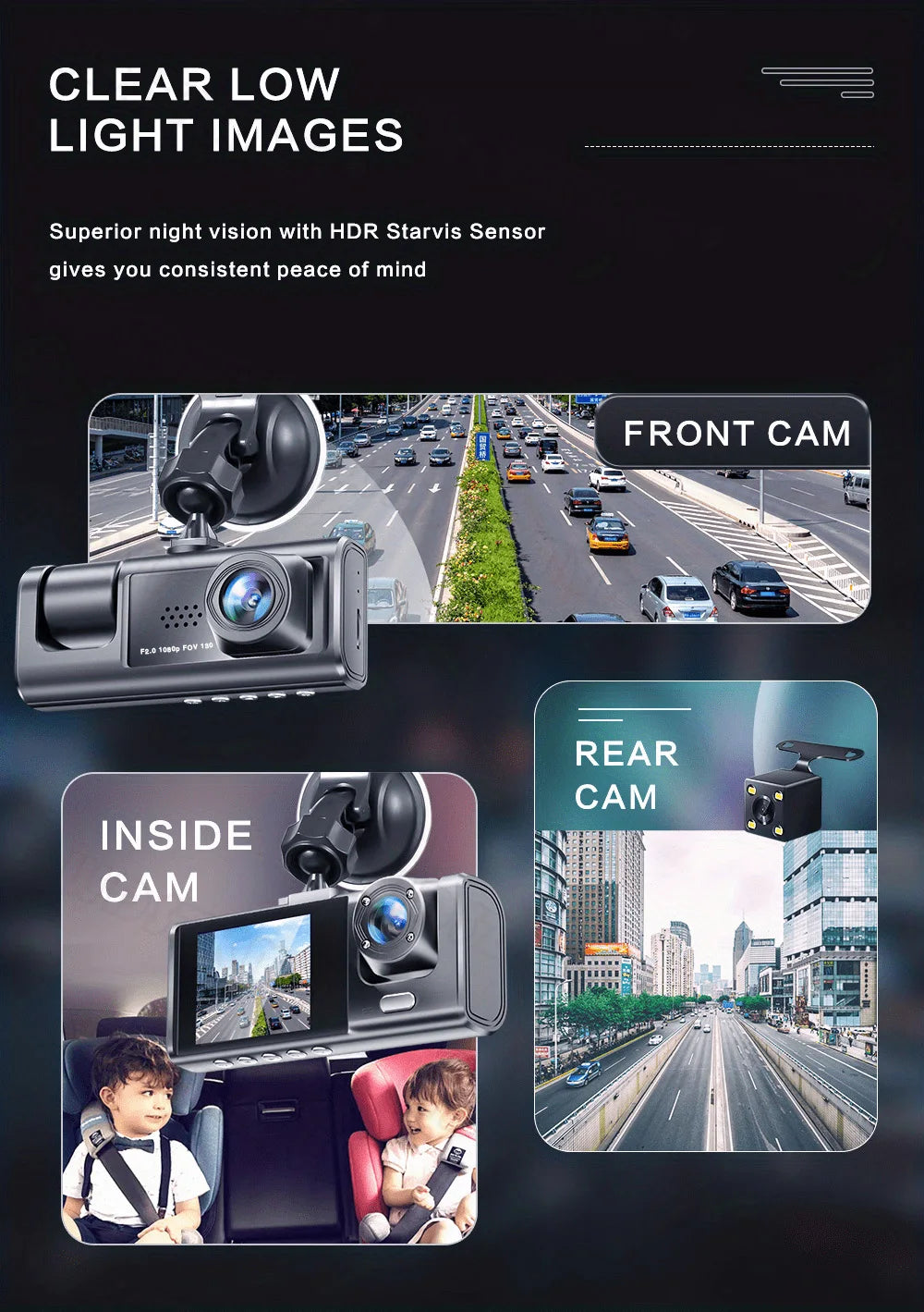 Dashcam 1080P WiFi con 2/3 Cámaras – Grabación Delantera y Trasera, Visión Nocturna Starlight y Monitor de Aparcamiento 24H