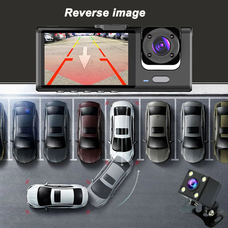Dashcam 3 Cámaras para Coche – Grabación Delantera y Trasera 1080P, WiFi, Visión Nocturna y Cámara de Marcha Atrás
