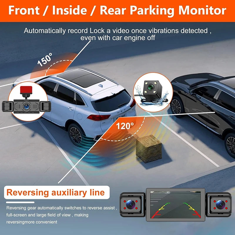 Dashcam 360° DVR para Coche – 3/4 Cámaras 1080P, Visión Nocturna Starlight, Cámara Trasera y Monitor de Aparcamiento 24H