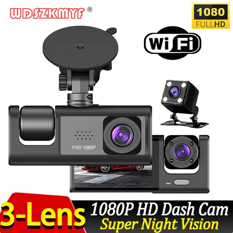 Dashcam 3 Cámaras para Coche – Grabación Delantera y Trasera 1080P, WiFi, Visión Nocturna y Cámara de Marcha Atrás
