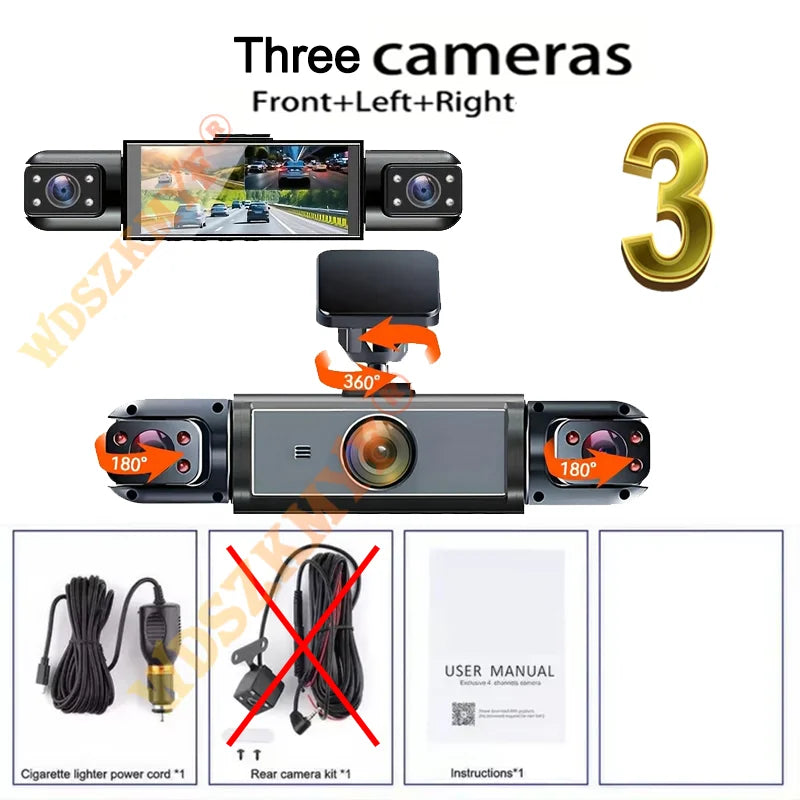 Dashcam 360° DVR para Coche – 3/4 Cámaras 1080P, Visión Nocturna Starlight, Cámara Trasera y Monitor de Aparcamiento 24H