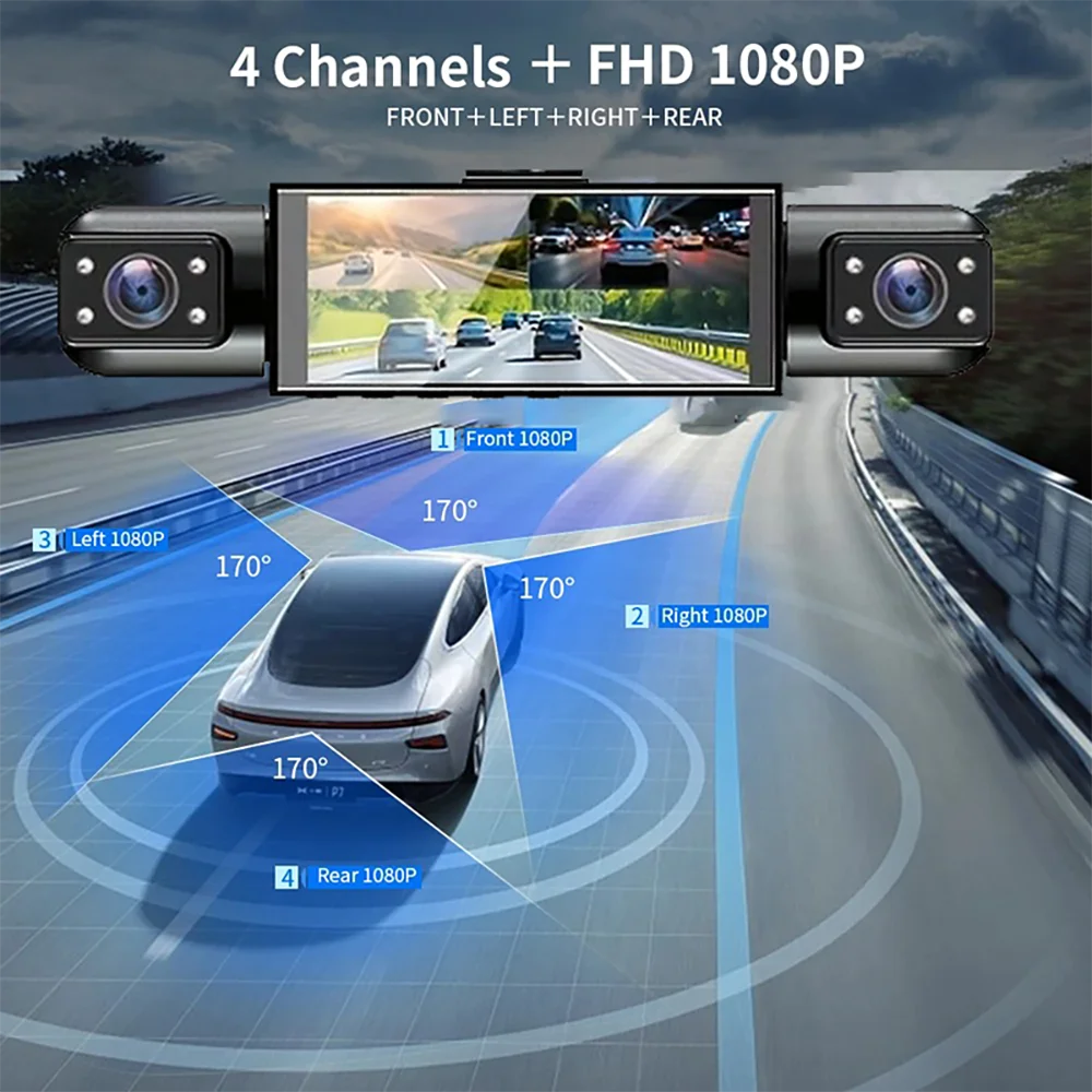 Dashcam 360° DVR para Coche – 3/4 Cámaras 1080P, Visión Nocturna Starlight, Cámara Trasera y Monitor de Aparcamiento 24H