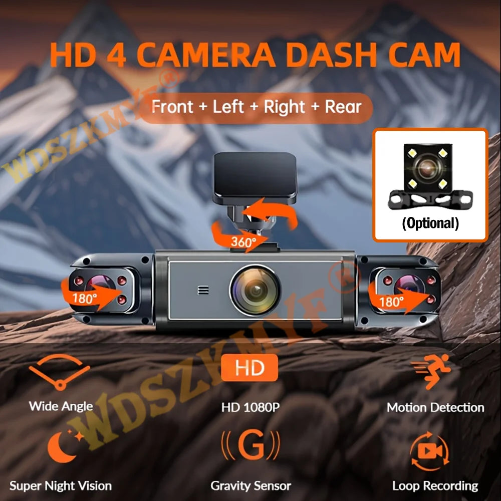 Dashcam 360° DVR para Coche – 3/4 Cámaras 1080P, Visión Nocturna Starlight, Cámara Trasera y Monitor de Aparcamiento 24H