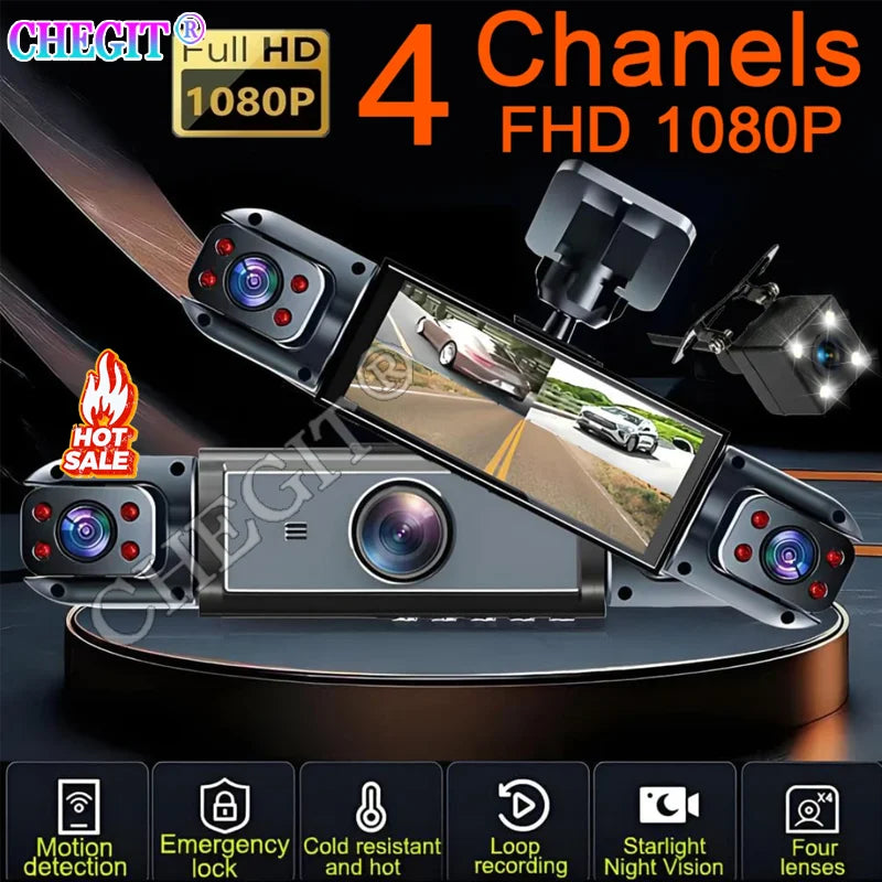 Dashcam 360° DVR para Coche – 3/4 Cámaras 1080P, Visión Nocturna Starlight, Cámara Trasera y Monitor de Aparcamiento 24H