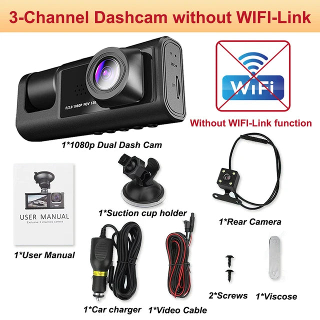 Dashcam 3 Cámaras para Coche – Grabación Delantera y Trasera 1080P, WiFi, Visión Nocturna y Cámara de Marcha Atrás