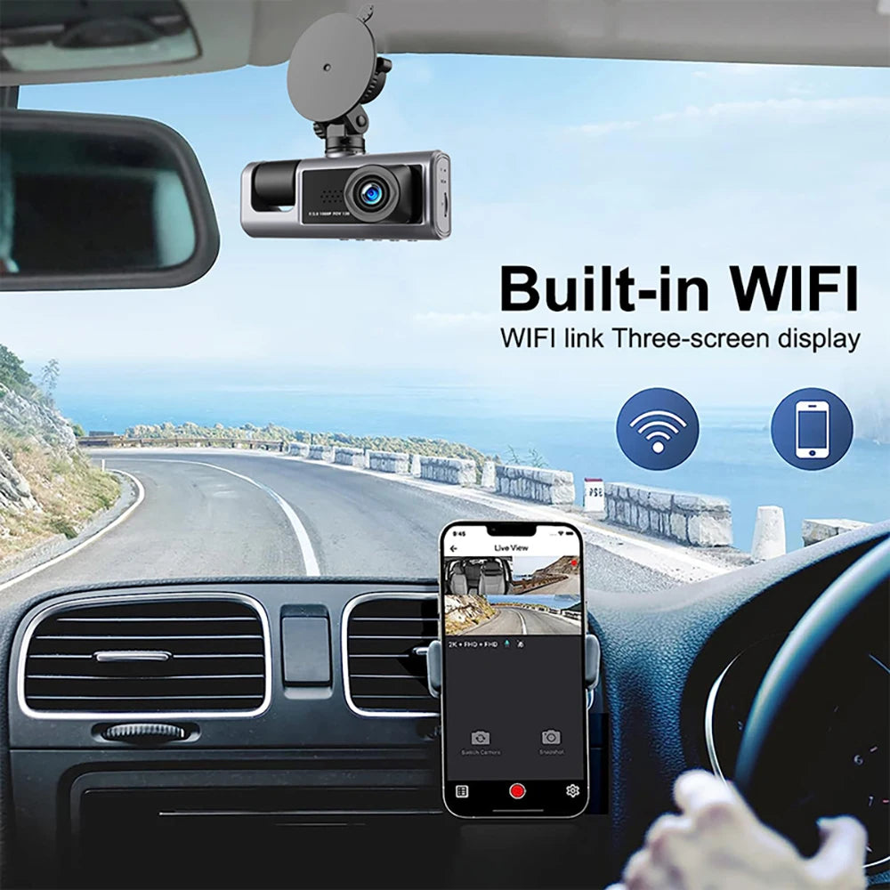Dashcam 1080P WiFi con 2/3 Cámaras – Grabación Delantera y Trasera, Visión Nocturna Starlight y Monitor de Aparcamiento 24H