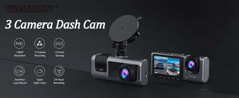 Dashcam 3 Cámaras para Coche – Grabación Delantera y Trasera 1080P, WiFi, Visión Nocturna y Cámara de Marcha Atrás