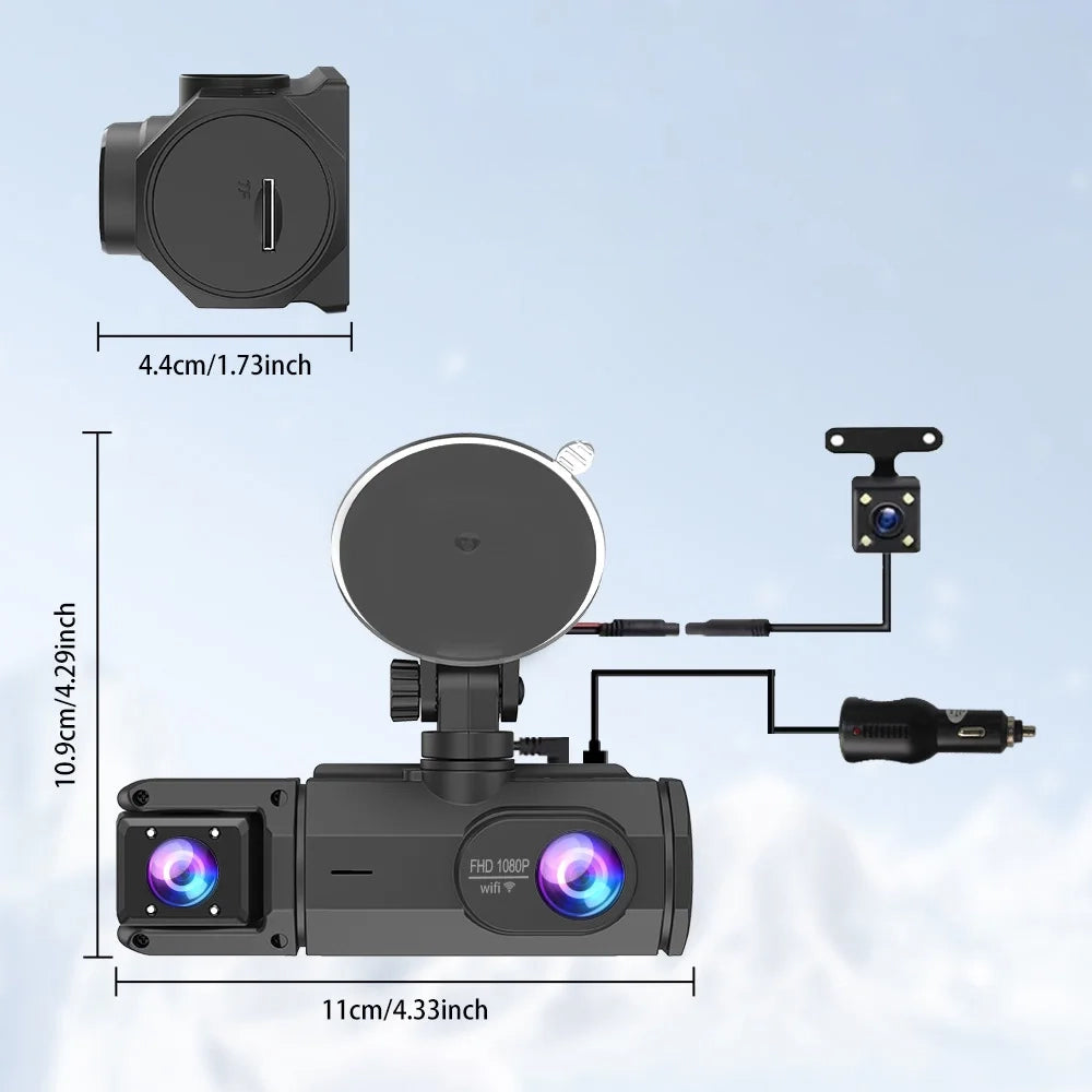Dashcam WiFi HD 2/3 Cámaras para Coche – Grabación Delantera y Trasera 1080P, Sensor JX-F22, Visión Nocturna y Aparcamiento 24H
