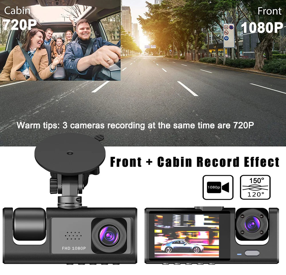 Dashcam 3 Cámaras para Coche – Grabación Delantera y Trasera 1080P, WiFi, Visión Nocturna y Cámara de Marcha Atrás