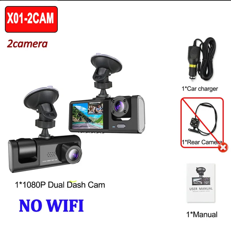 Dashcam 1080P WiFi con 2/3 Cámaras – Grabación Delantera y Trasera, Visión Nocturna Starlight y Monitor de Aparcamiento 24H